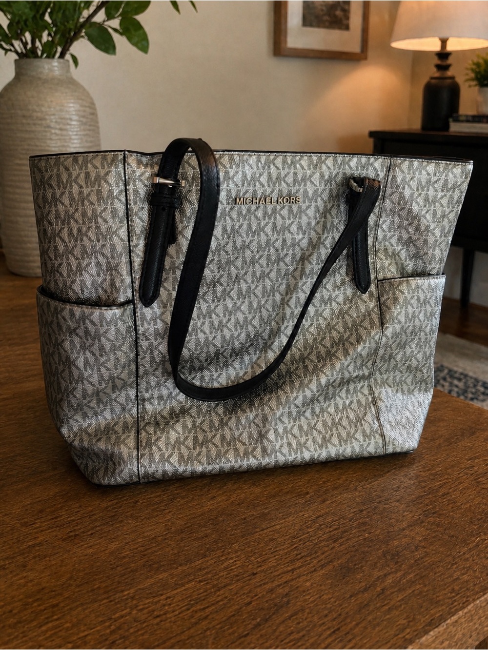 Michael Kors Metallic Silver Monogram Tote with Black Straps